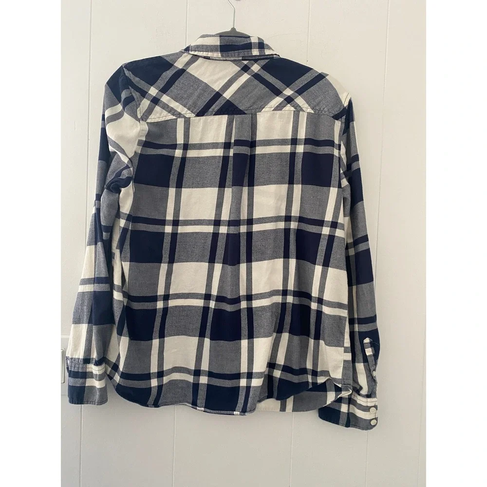 J.Crew Boy Fit Plaid Button Down Shirt Womens Size L‎ Navy/White Cotton